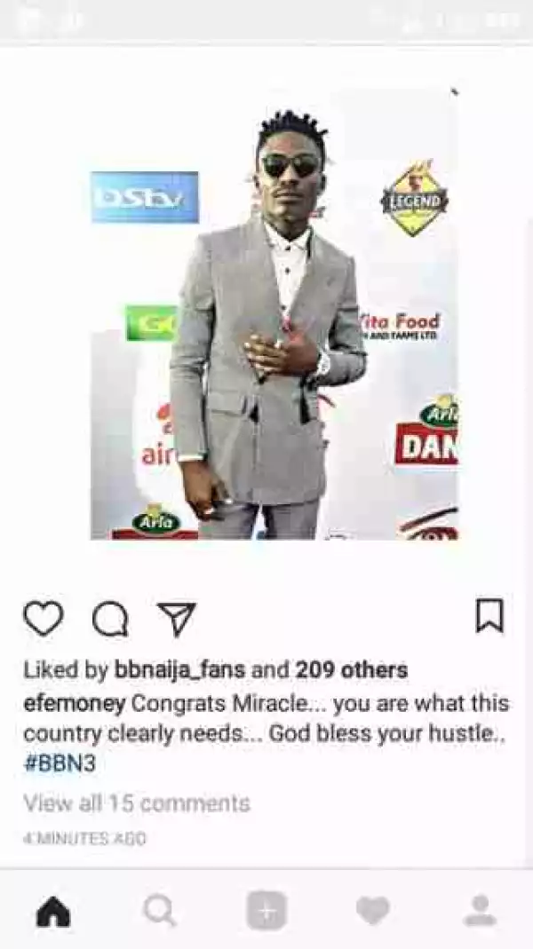#BBNaija: Efe Congratulates Miracle With His Own Photo, Fans React
